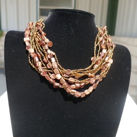 Vintage Seed Bead Shell Necklace Brown Multi-Strand 17 inch Mother of Pearl - Picture 5 of 5